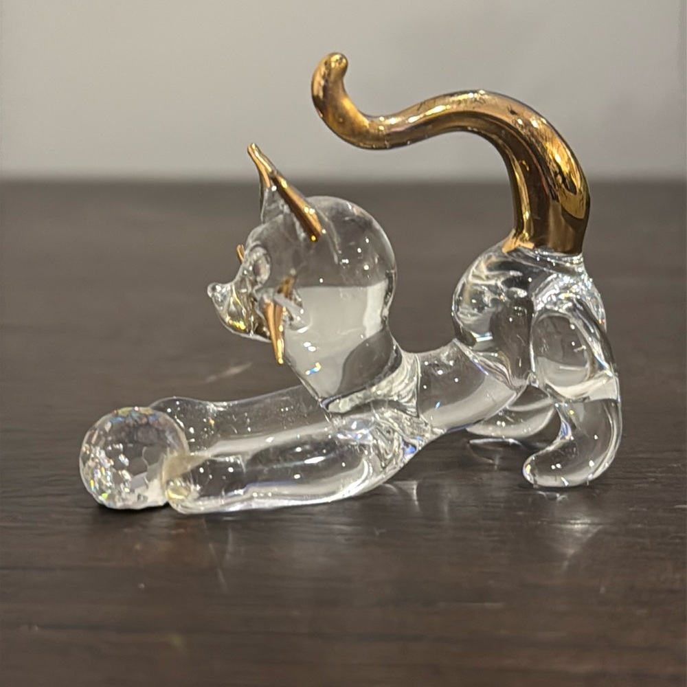 Vintage Clear Hand Blown Glass Cat with ball.